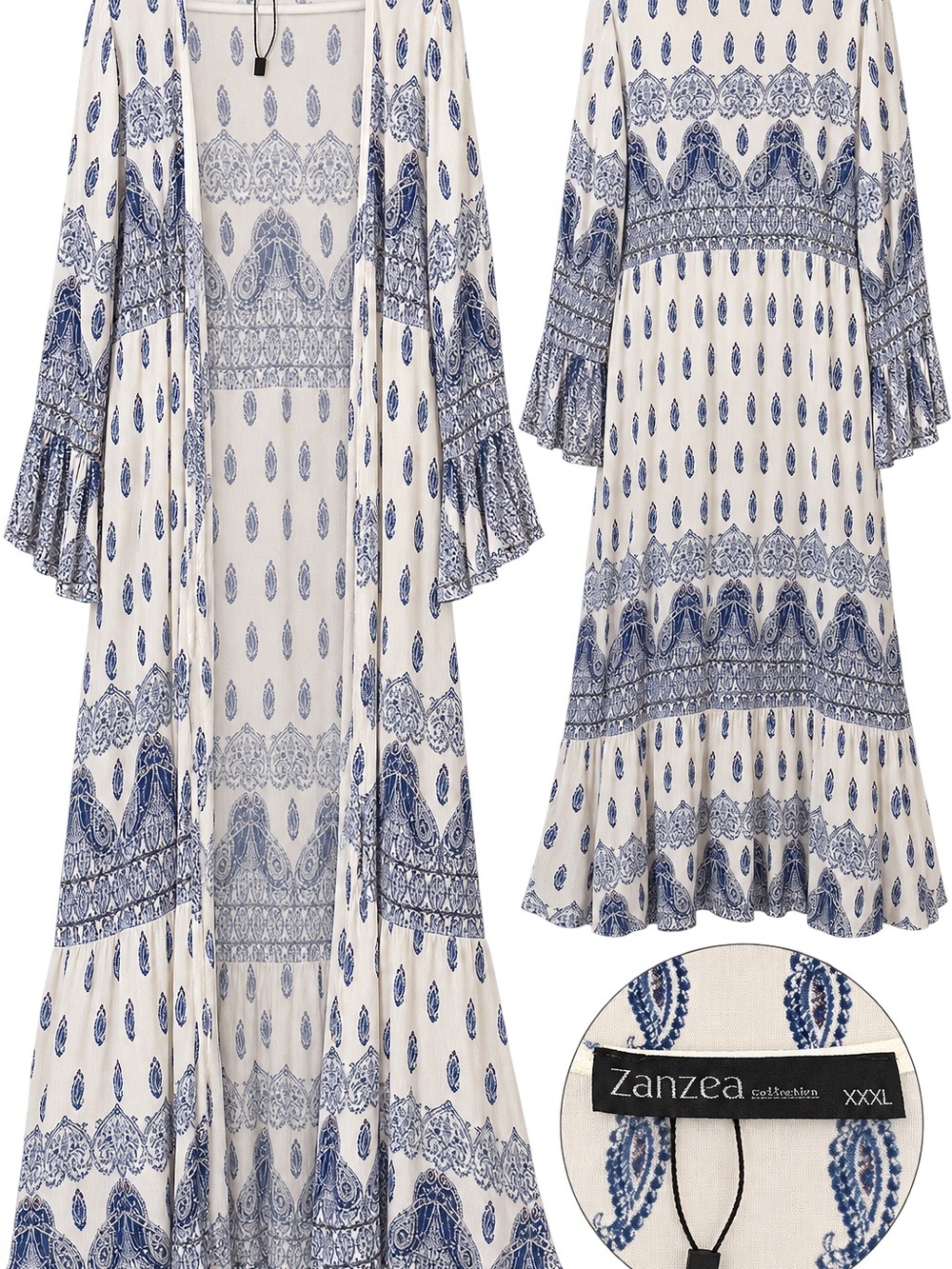 Zanzea Cream Maxi Dress with Blue Paisley Print and Ruffle Sleeves